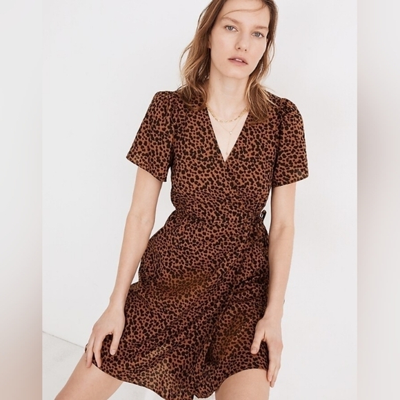 Madewell Flutter-Sleeve Wrap Mini Dress in Painted Leopard sz M - Picture 1 of 9